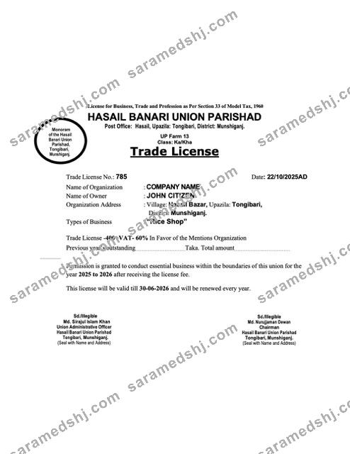 Bangladesh Munshiganj trade license Word and PDF template